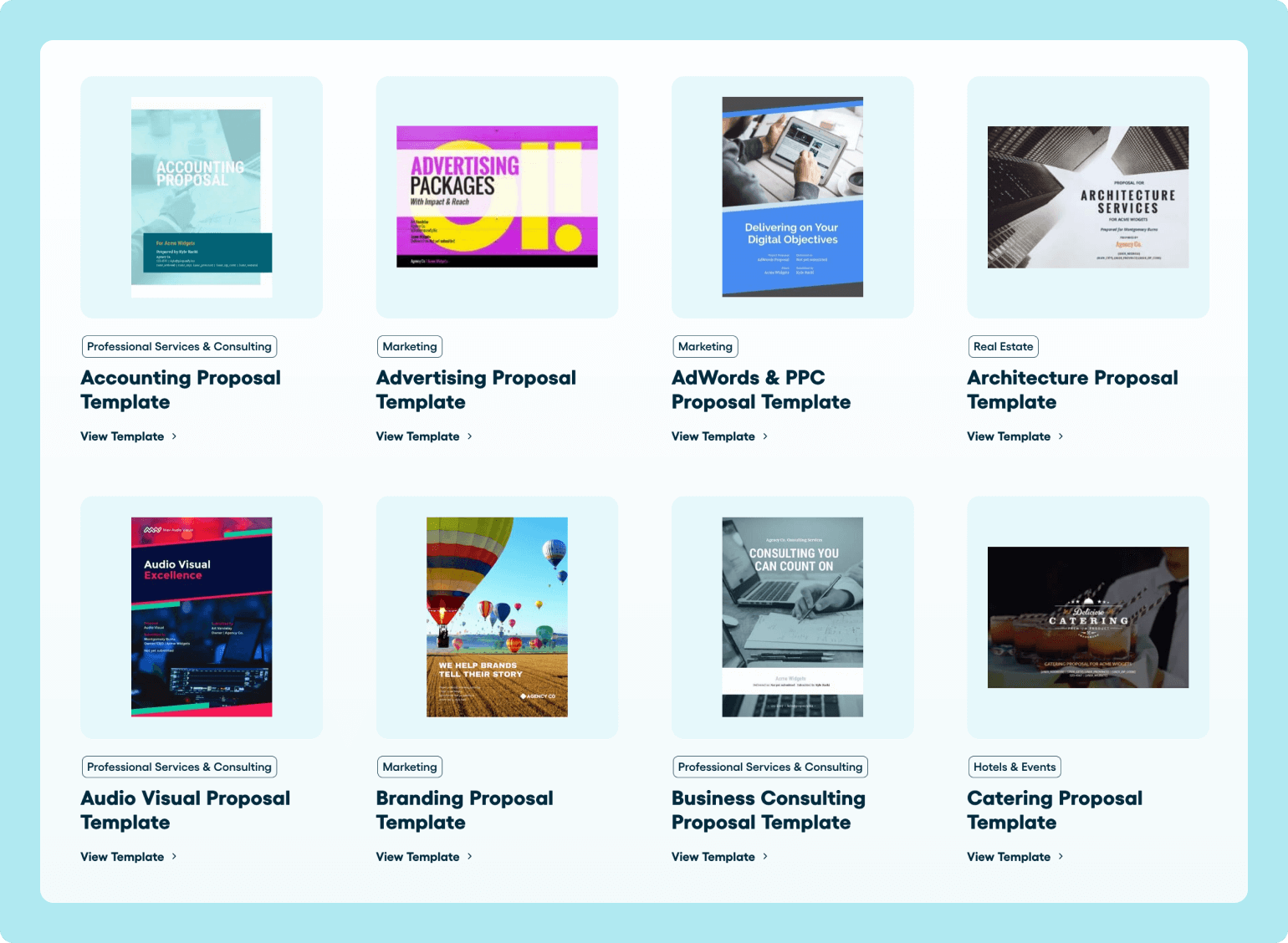 Snapshot of some of the proposal templates available in Proposify.